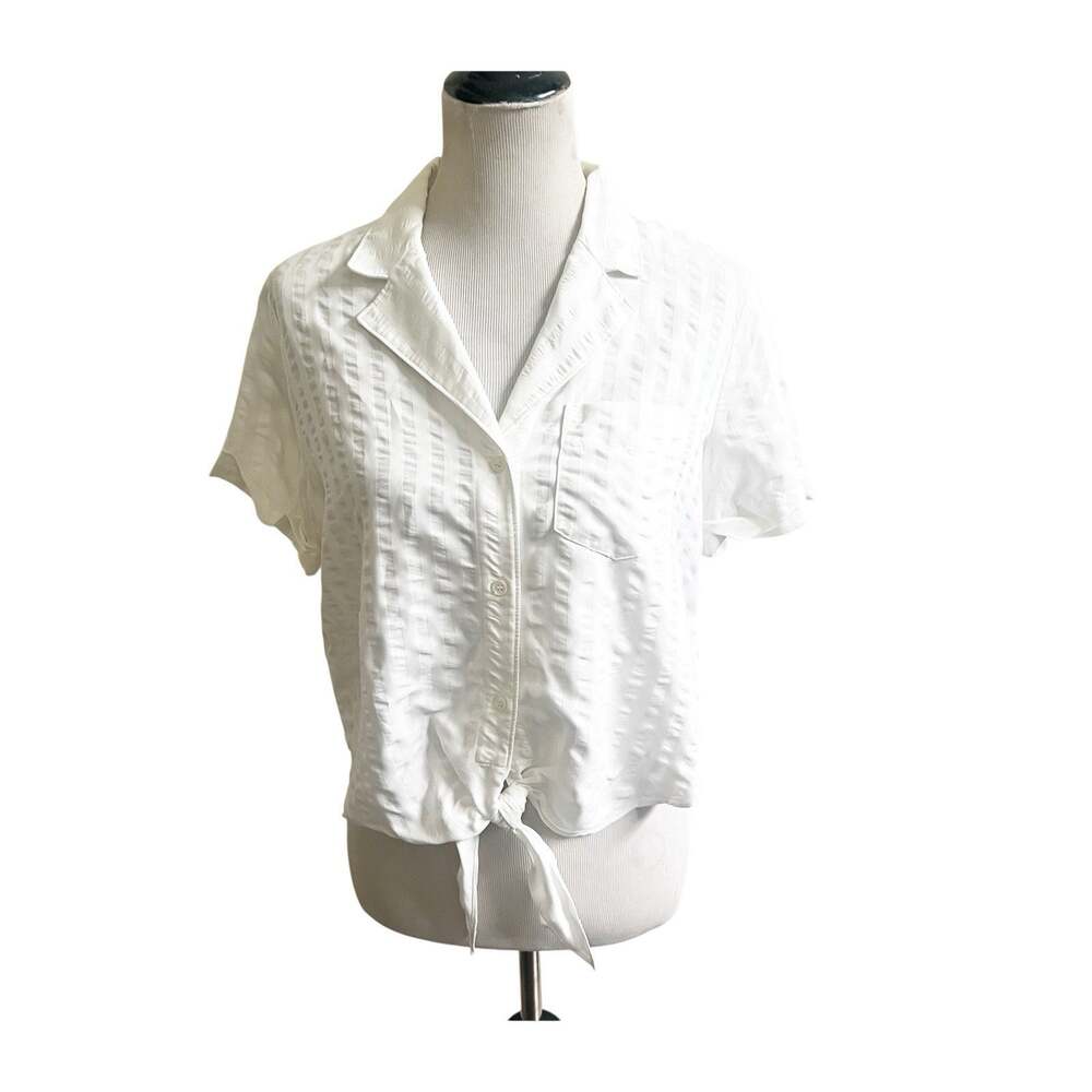 & Other Stories Tie Front Collared Short Sleeve Top Size 8 Sheen Striped Coastal